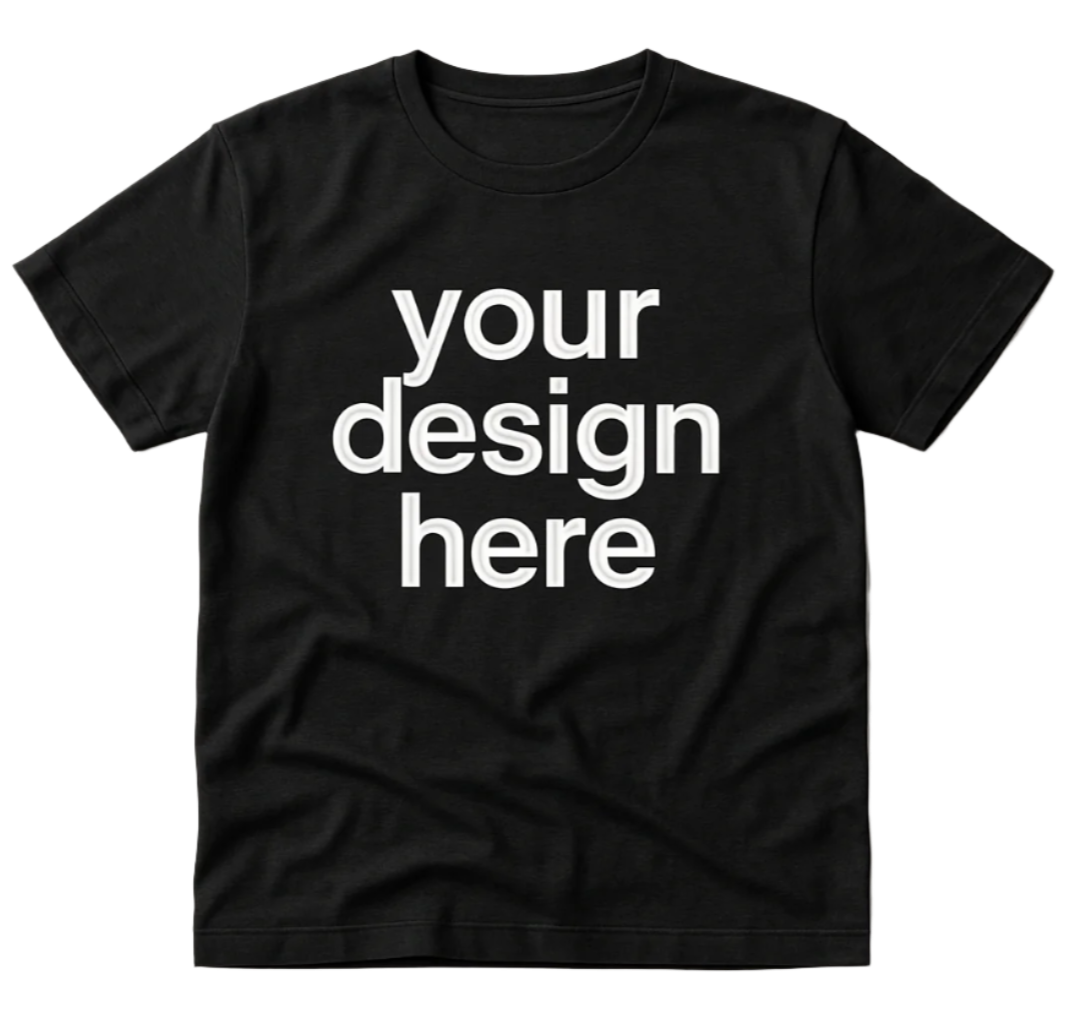 Realistic black t-shirt with "your design here" text