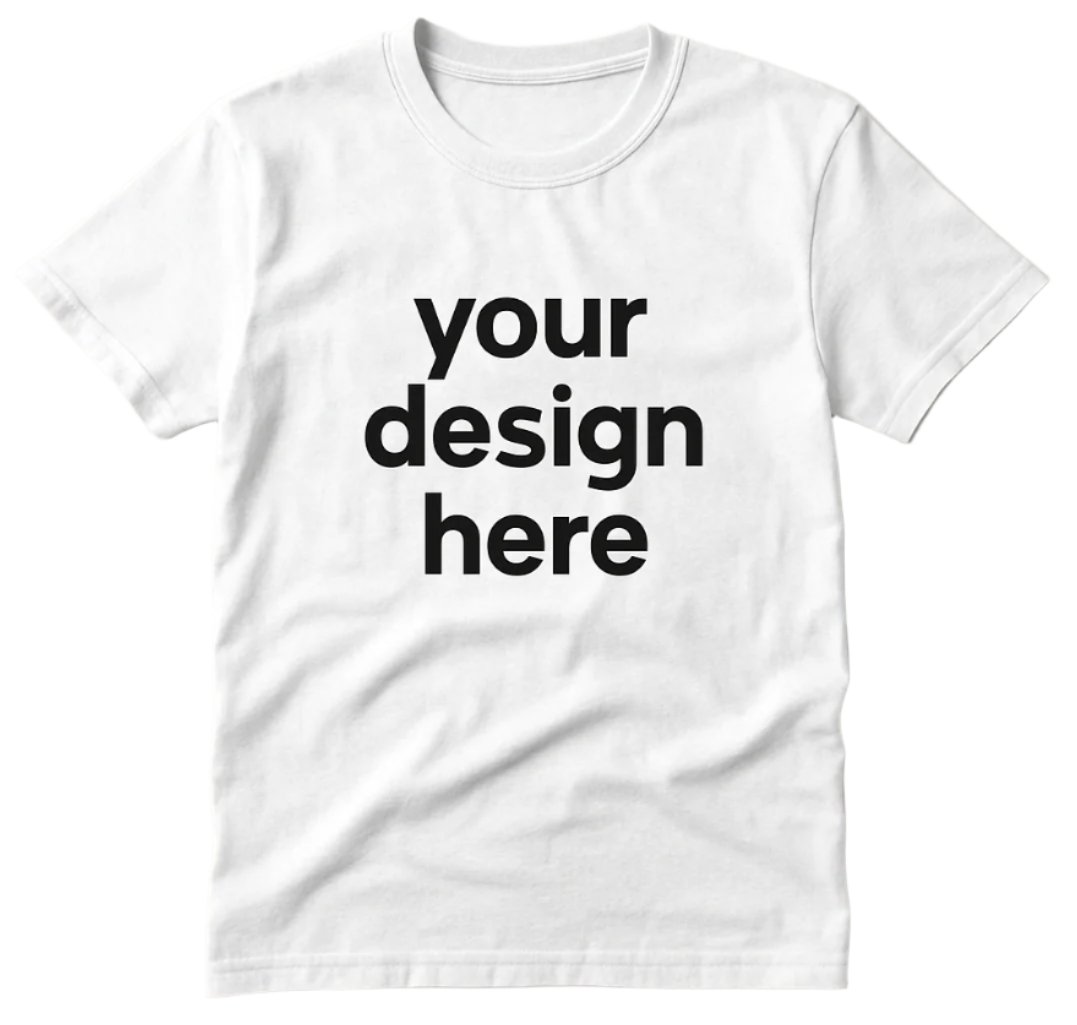 Realistic white t-shirt with "your design here" text