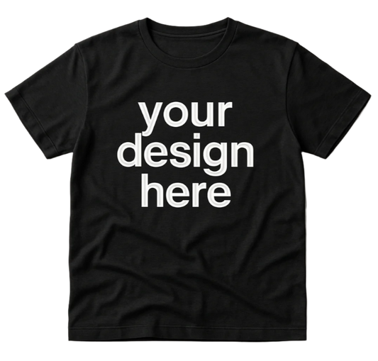 Realistic black t-shirt with "your design here" text